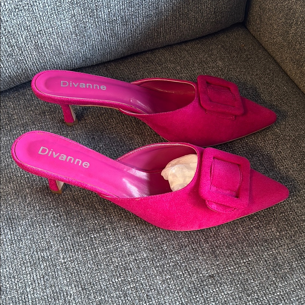 Vibrant Pink Suede Mules with Decorative Buckle